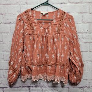 American Eagle Eyelet Lace Peasant Blouse Sz XS Cropped Babydoll Boho Festival